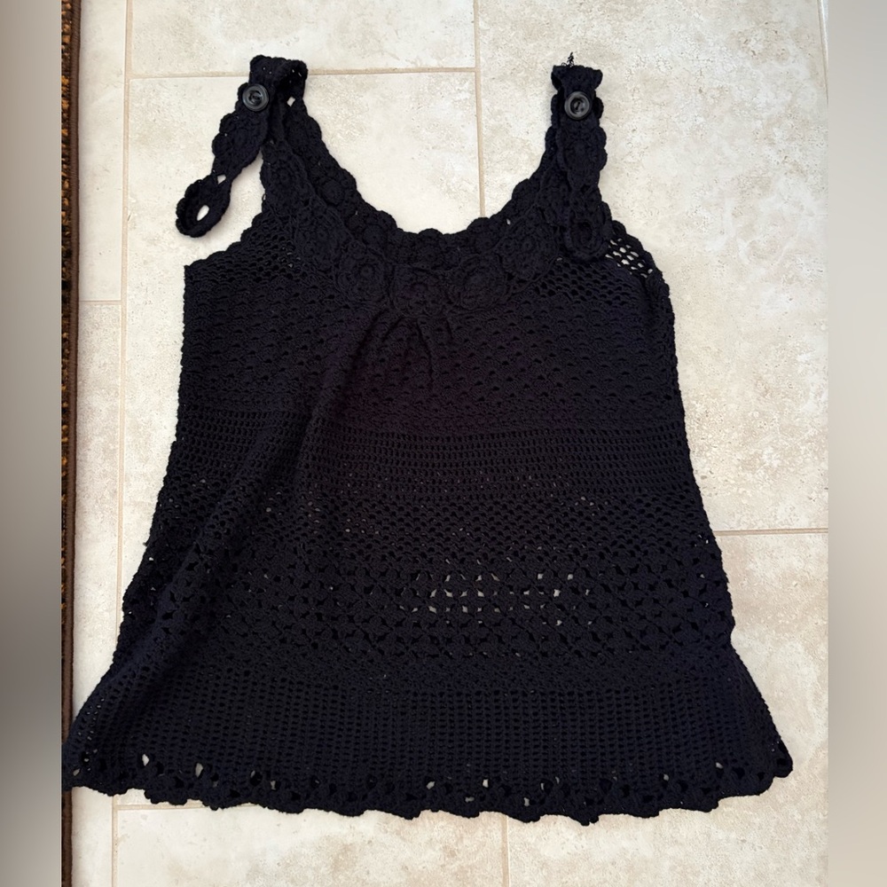 Lucky Brand Black Crochet Tank Top with Floral Straps